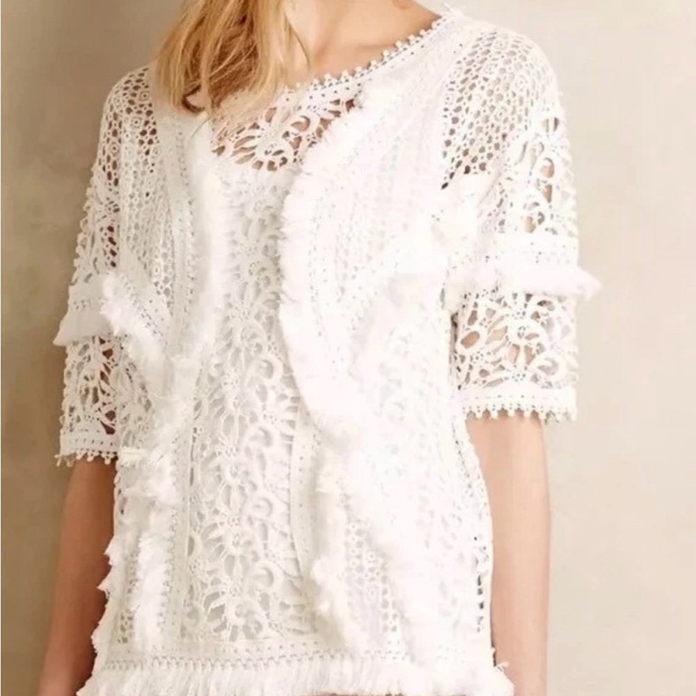 Anthropologie Yoana Baraschi Top White Lace Crochet Fringe Trim Short Sleeve M
